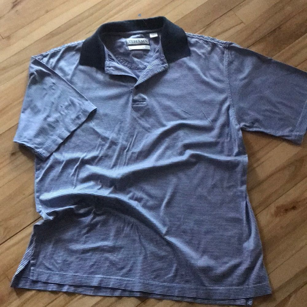 Tehama navy fine stripe shirt sleeve polo, small
